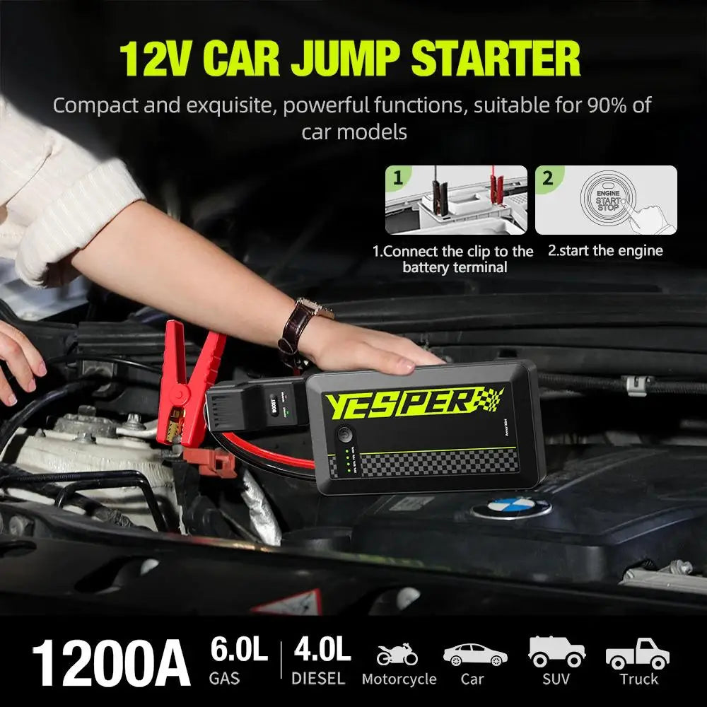 🇺🇸 YESPER 1200A Portable Car Jump Starter (USA Stock) – Compact Emergency Power for Gas & Diesel Engines